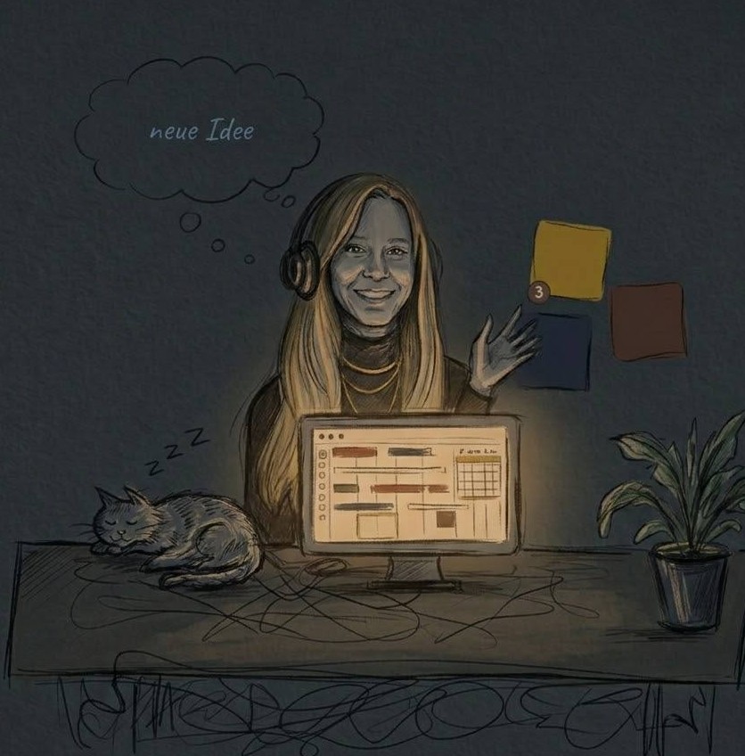 Illustration: Ramona spätabends am Schreibtisch, der Bildschirm leuchtet, die Katze schläft, in der Gedankenblase steht «neue Idee».