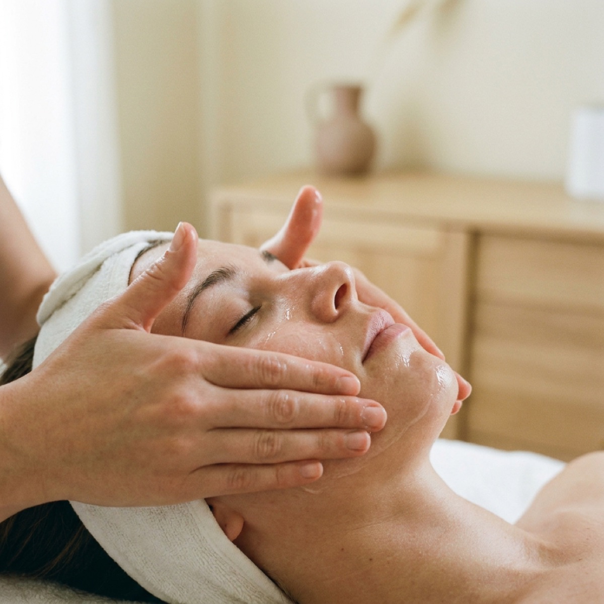 Zwei Hände arbeiten ein Serum in Wange und Kinnpartie ein