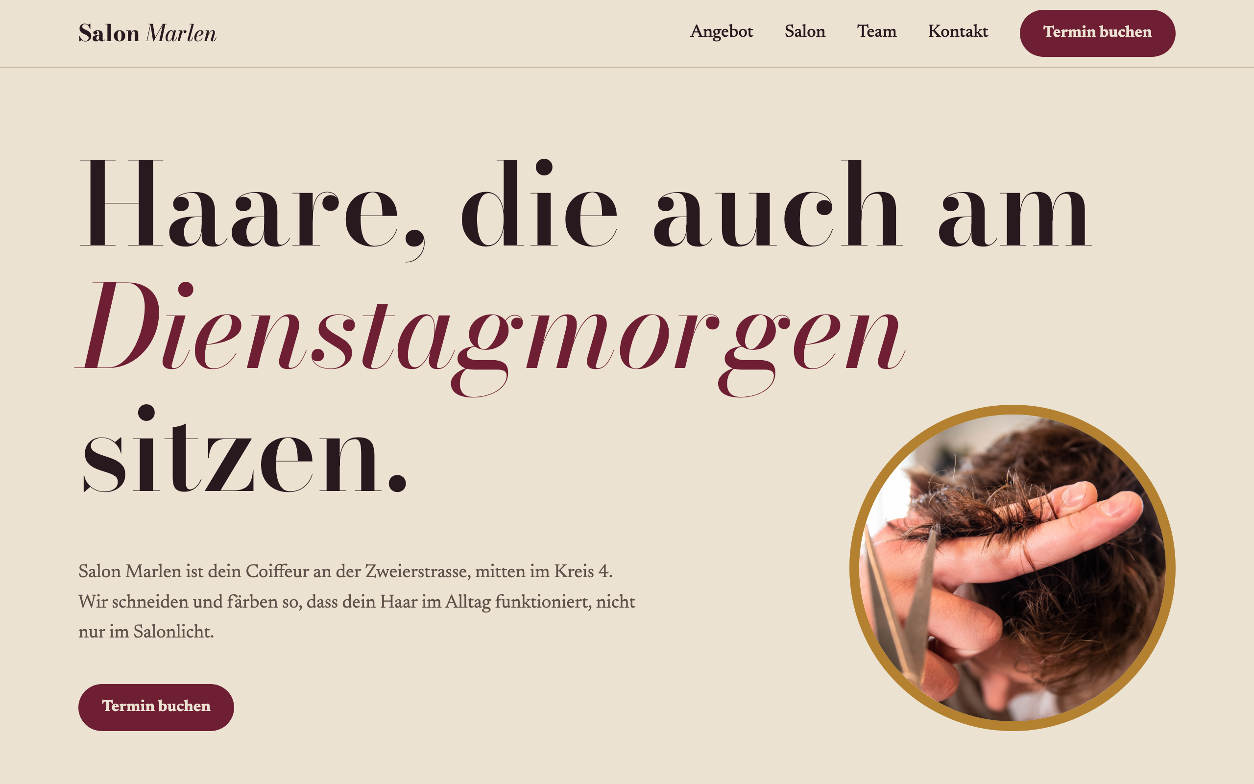 Startseite der Beispiel-Website für den Coiffeursalon Marlen im Kreis 4, mit der grossen Serifen-Überschrift «Haare, die auch am Dienstagmorgen sitzen», einem illustrierten Porträt und dem Knopf «Termin buchen».